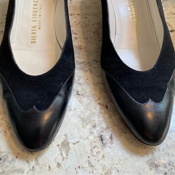 Silvia Fiorentina Cap Toe Blk Luxury Suede Leather Spectator Heel Italy 9.5N - Picture 3 of 15